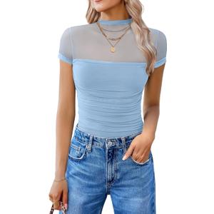 Avidlove Women's Short Sleeve Bodysuit Turtle Neck Body Suits Mesh One Piece Leotard Going Out Tops Date Outfits (Large, Light Blue)