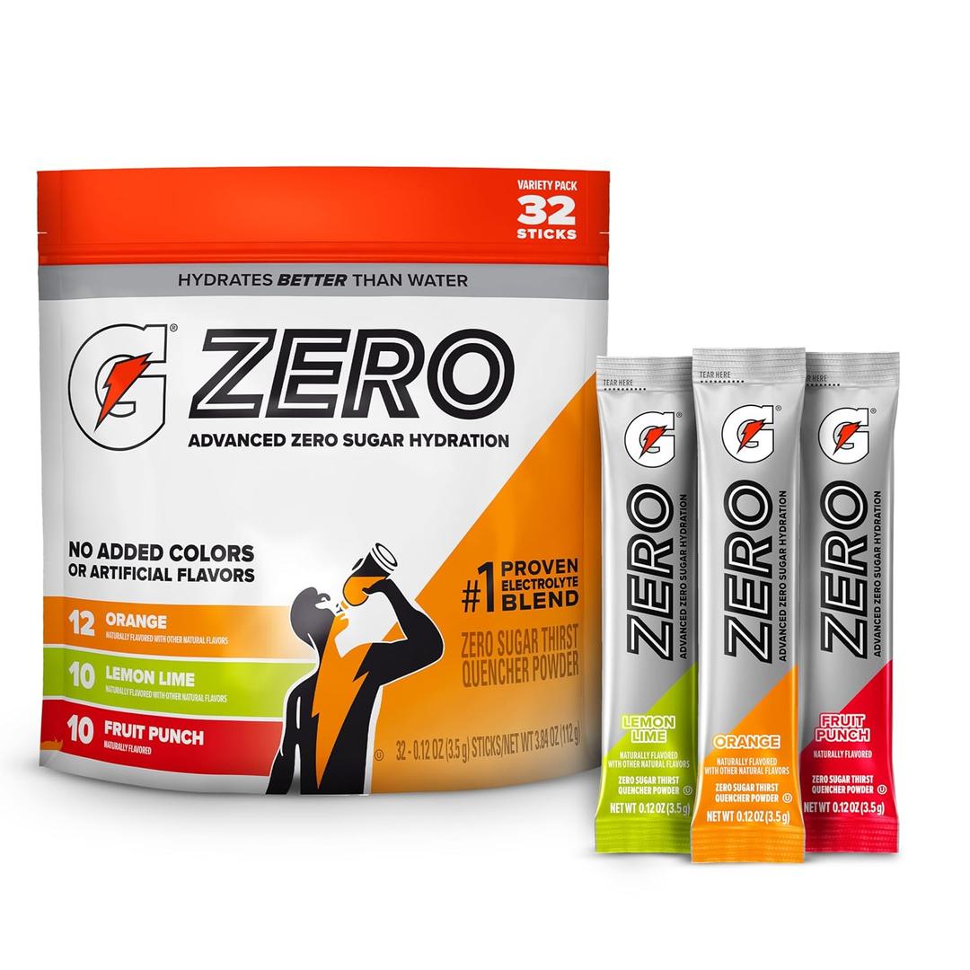 Gatorade Zero SugarElectrolyte Powder Drink Mix, 3 Flavor Variety Pack, (32 Servings), No Artificial Flavors, No Added Colors, Zero Sugar, Sports Drinks, Hydration, Electrolyte Drink (EXP 03/12/27)