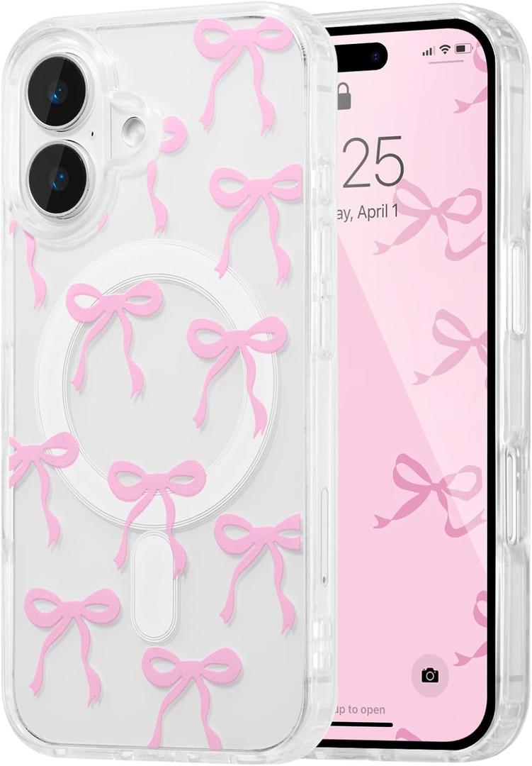 UEEBAI Magnetic for iPhone 16 Plus Case, Bow Case Compatible with MagSafe, Wireless Slim Clear Ribbon Aesthetic Phone Cover Anti-Yellowing Shockproof Protective Cover for Women Girl - Pink