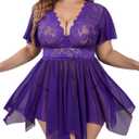 Avidlove Women's Plus Size Babydoll Floral Lace Lingerie Deep V Nighty Mesh Sleepwear (Purple), Size: 3X-Large