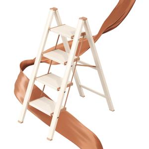 GameGem 4 Step Ladder, Folding Step Stool with Wider Pedal, Anti-Slip Feet & Non Slip Stripes, Aluminum Sturdy Material, 300Lbs Capacity, Elegant Look of Cream Chocolate Better Matches Your Home