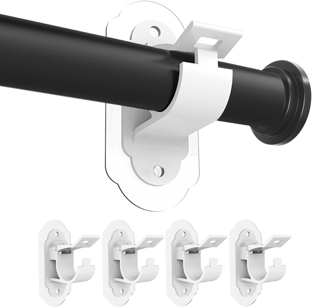 KEAMIMU No Drill Curtain Rod Brackets， No Drill Needed Curtain Rod Holders, Adhesive Curtain Rod Holder，Multipurpose Nail Free Stick on Curtain Rod Hooks Self Adhesive Rod Holder Hooks（White 4Pcs）