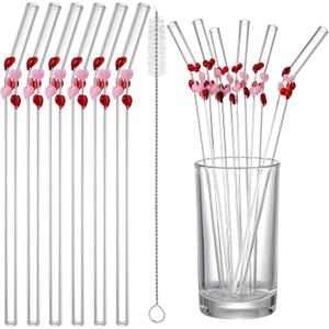 Honeydak 6 Pcs Red and Pink Heart Glass Straws with Charms Valentines Party Supplies Cute Reusable Straws Glass with Brush Heart Shaped Clear Drinking Bachelorette Decor Bridal Engagement Drinkware