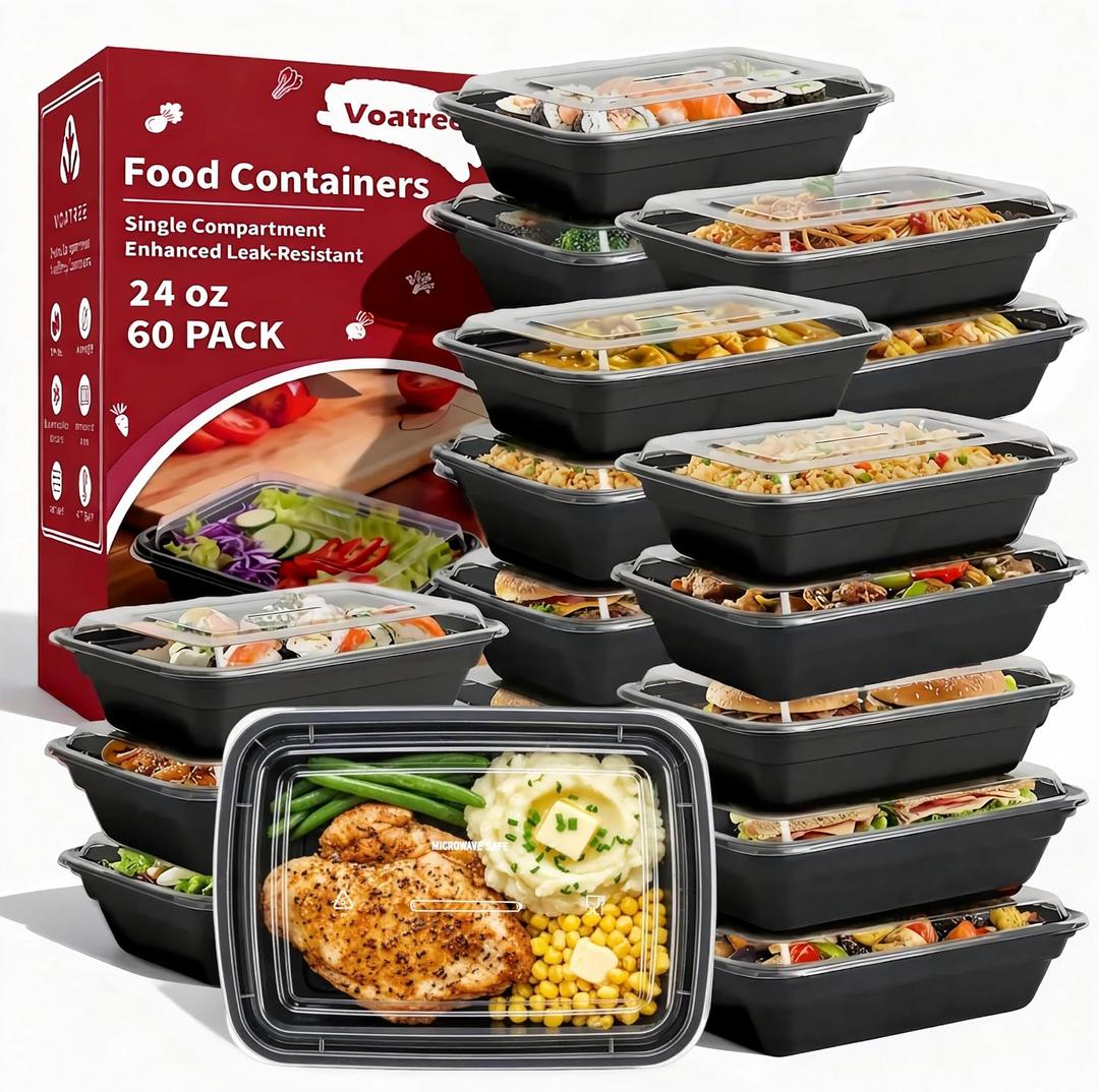 60 Pack 24 oz Plastic Meal Prep Containers with Lids,Microwave Safe | Disposable To Go Food Storage Boxes, Bento Lunch Boxes, Sturdy, Freezer, Dishwasher Safe, Stackable, Leak-proof