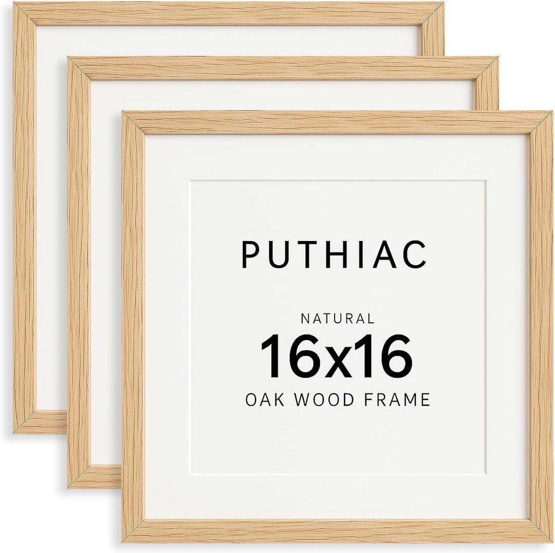puthiac 16x16 Solid Oak Wood Picture Frame, Fits 12x12 with Mat or 16x16 Without Mat, Wall Display Only, Plexi Front, 3 Pack, Natural Oak