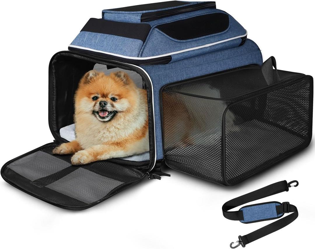 Petskd Top and Side Expandable Pet Carrier 17x11x9.5 Inches Alaska Airline Approved, Soft-Sided Carrier for Small Cats and Dogs with Locking Safety Zippers and Anti-Scratch Mesh(Blue)