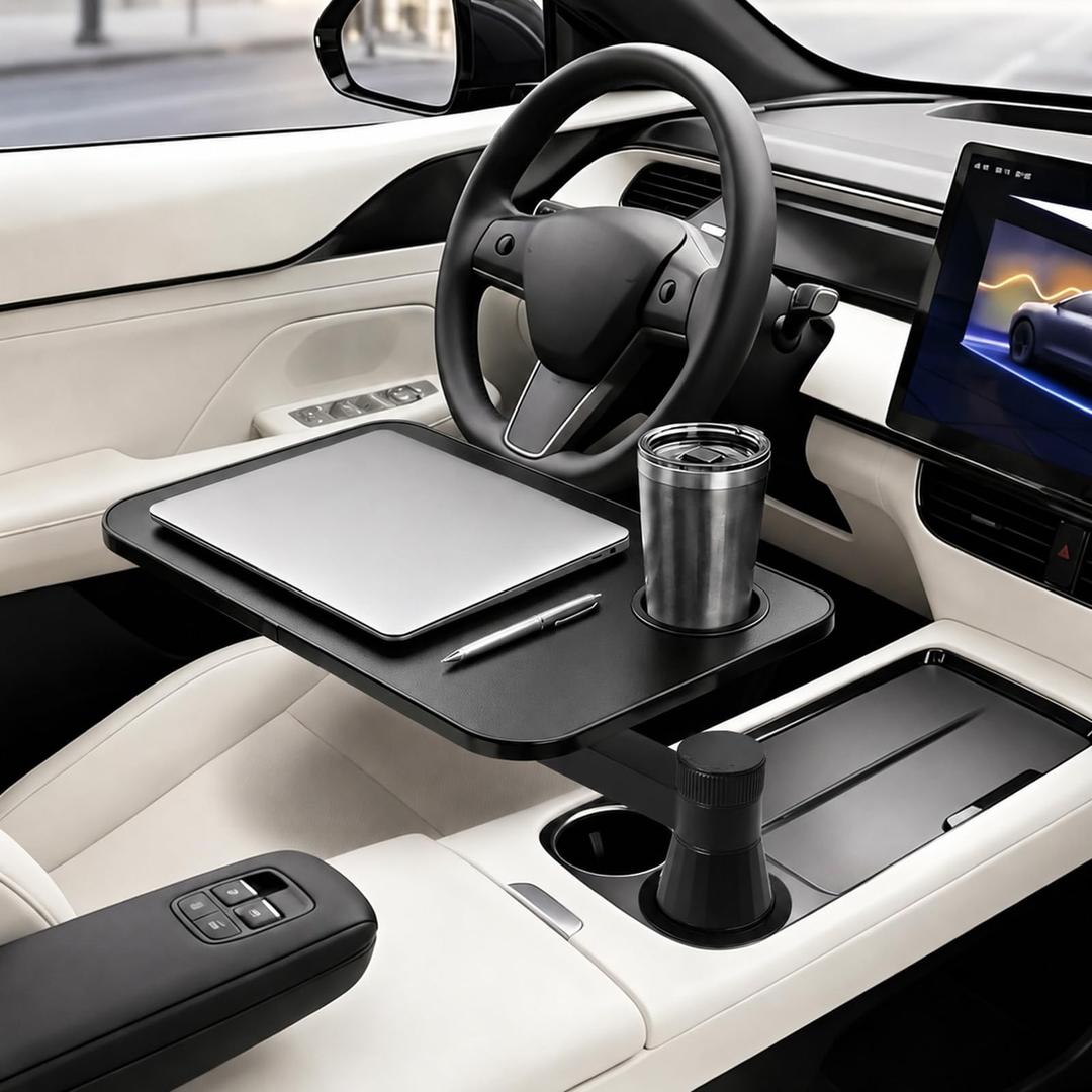 360 Rotating Car Desk Tray for Laptop and Food, Premium Leather Car Table with Built-in Cup Slot, Adjustable Vehicle Desk for Eating, Working, Road Trips, Fits Tesla Model Y/3/S&Most Cars(BLACK)