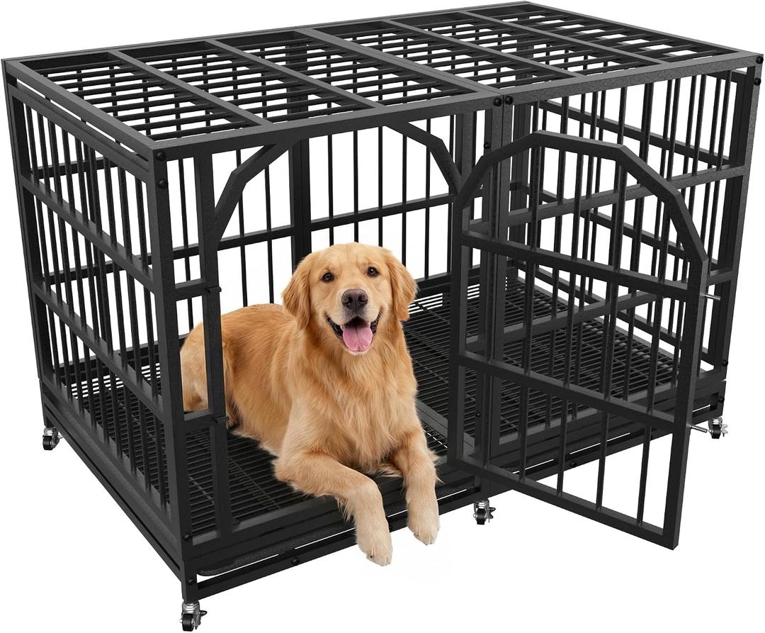 Asee'm 48 inch Heavy Duty Dog Crate for Large Dogs with Wheels, Escape Proof Indestructible Dog Kennel Large Big Cage Indoor for High Anxiety with Locks and Removable Trays, 48.0"L x 28.0"W x 31.0"H, Black