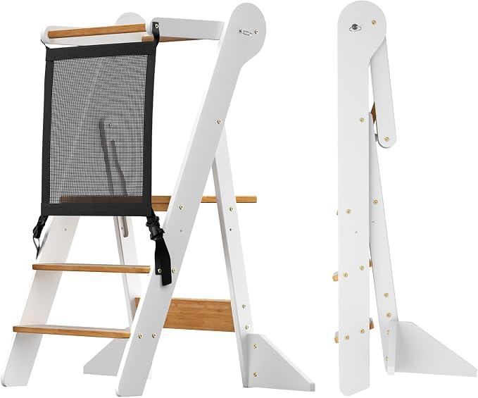 COSYLAND Foldable Toddler Kitchen Stool Helper - Height Adjustable Kitchen Standing Tower for Bathroom Sink or Counter - Step Stool for Toddlers Ages 18 Months to 6 Years White
