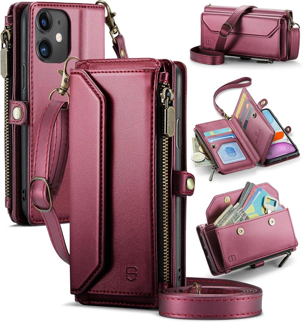 Wallet Case Compatible with iPhone 11 RFID Blocking 7-Card Holder Soft PU Leather Magnetic Snap Shoulder Strap Zipper Pocket Phone Case Fit for iPhone 11 for Women 6.1" - Wine Red