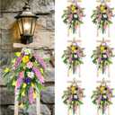 6 PCS Spring Summer Teardrop Swag with Bow Artificial Wildflower Sconce Lighting Swag Wreath Lavender Daisy Wisteria Candlestick Wreath Green Eucalyptus Floral Swag for Wall Cabinet Chandelier Decor