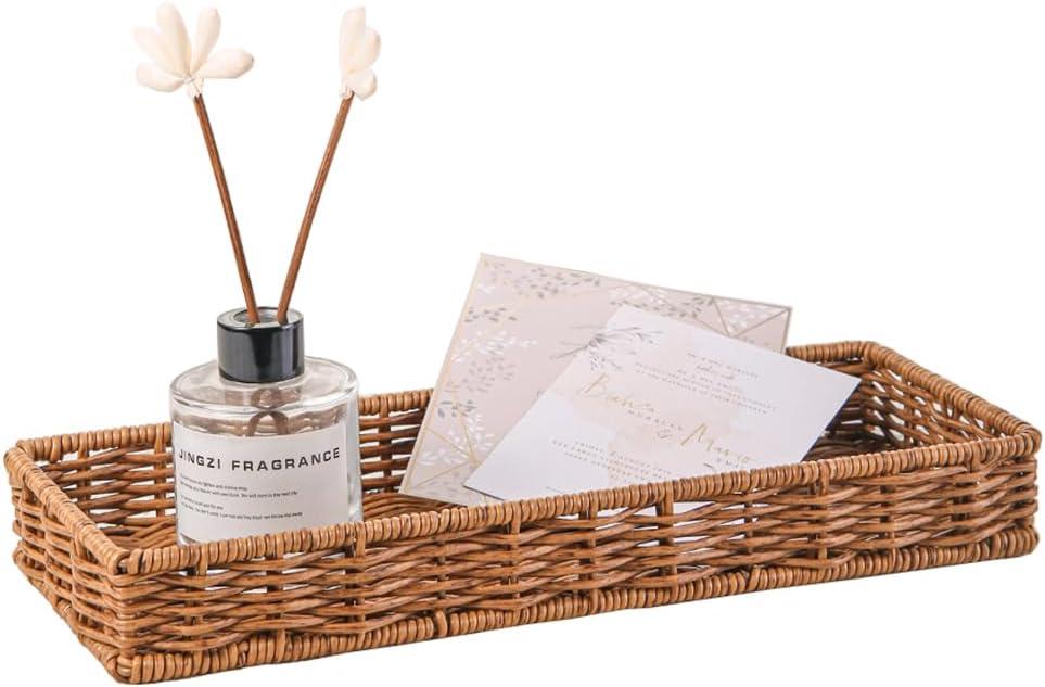 Rattan Bathroom Tray Toilet Tank Basket, Bathroom Sink Vanity Tray Long Narrow, Guest Towel Napkin Holder, Storage Basket Tray for Home Decor, 13.7'' x 5.3" x 1.8''