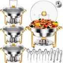 Round Chafing Dishes for Buffet 5 Qt,High Grade Chafing Dish Buffet Set with Glass Lid & Lid Holder,Full Size Pan,Food Warmers for Parties,Buffet,Wedding, Birthday 4 Pack (Half Gold)