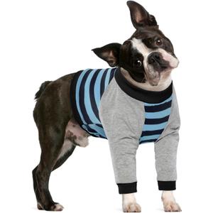 FUAMEY Dog Recovery Sleeve with Elbow Protector,Dogs Shirt Stop Licking Joints,Pet Long Sleeve Suit Protecting Dog's Front Leg Arm Wounds Cover Skin Conditions Blue Stripe,Size S