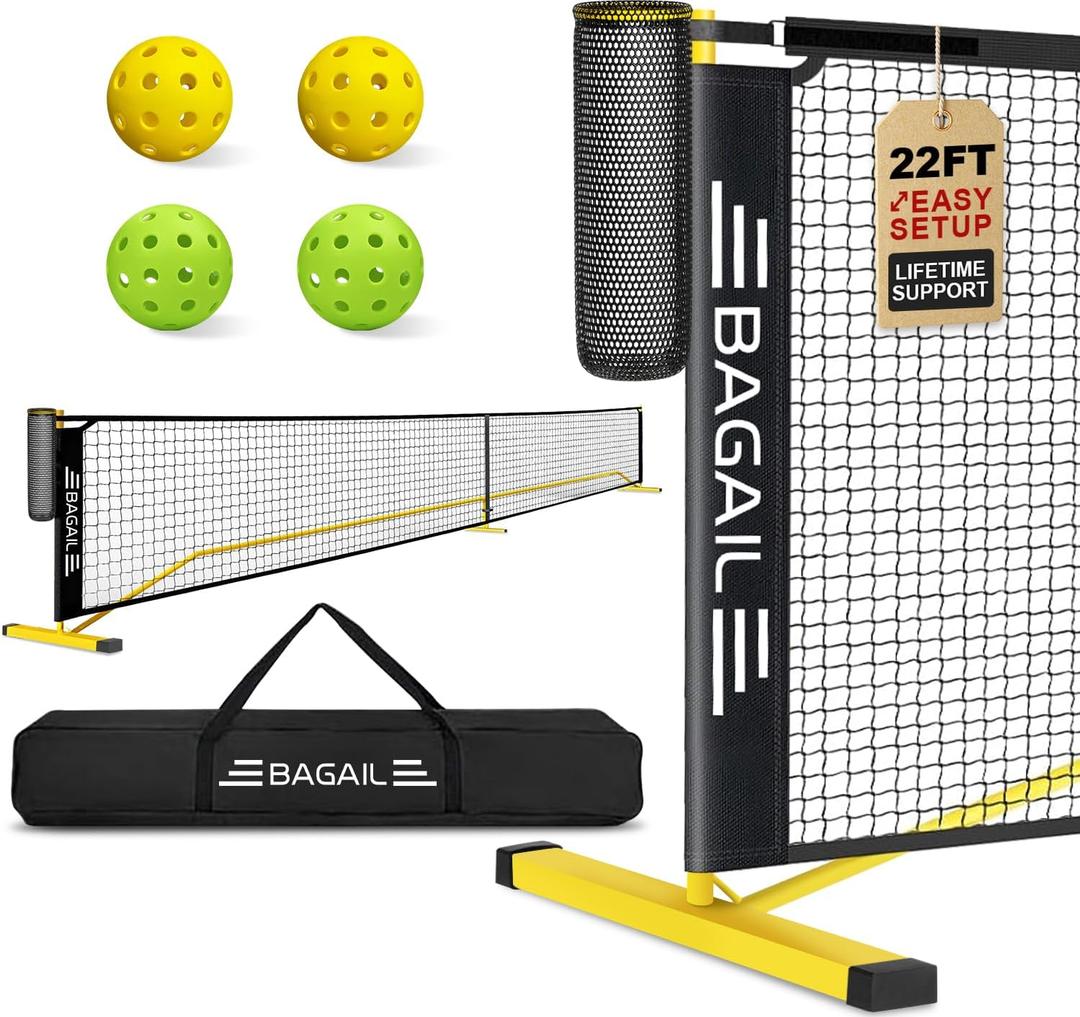 BAGAIL Portable Pickleball Net Set, 22 FT Regulation Size Pickle Ball Net with Ball Collector, 4 Balls and Carry Bag, Easy Setup for Outdoor Indoor Driveway, 36"H x 22'W