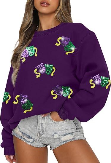 KIDDAD Mardi Gras Sweatshirt for Women Carnival Sequin Crewneck Sweater Mask Graphic Pullover Tops Funny Holiday Shirts Purple, XXL 