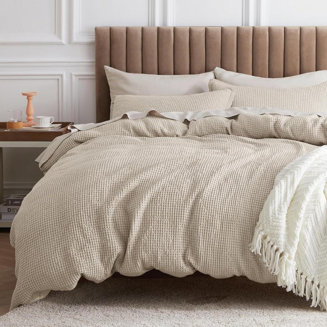 Bedsure Cotton Duvet Cover Full - 100% Cotton Waffle Weave Beige Duvet Cover Set, GentleSoft and Breathable Bedding Set for All Season, 3 Pieces, 80"x90"