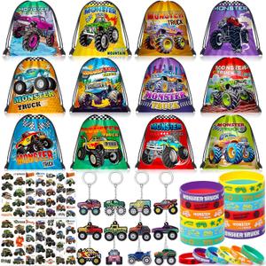 SNLN Monster Truck Party Favors Birthday Supplies for Boys Kids, Drawstring Bag Silicone Bracelet Keychain Tattoo Sticker Pinata Goodie Bag Stuffers Monster Truck Birthday Party Supplies Decor