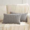Fancy Homi 2 Packs Gray Lumbar Farmhouse Decorative Throw Pillow Covers 12x20 Inch for Living Room Couch Bed Sofa, Rustic Boho Home Decor, Soft Striped Corduroy Rectangle Cushion Case
