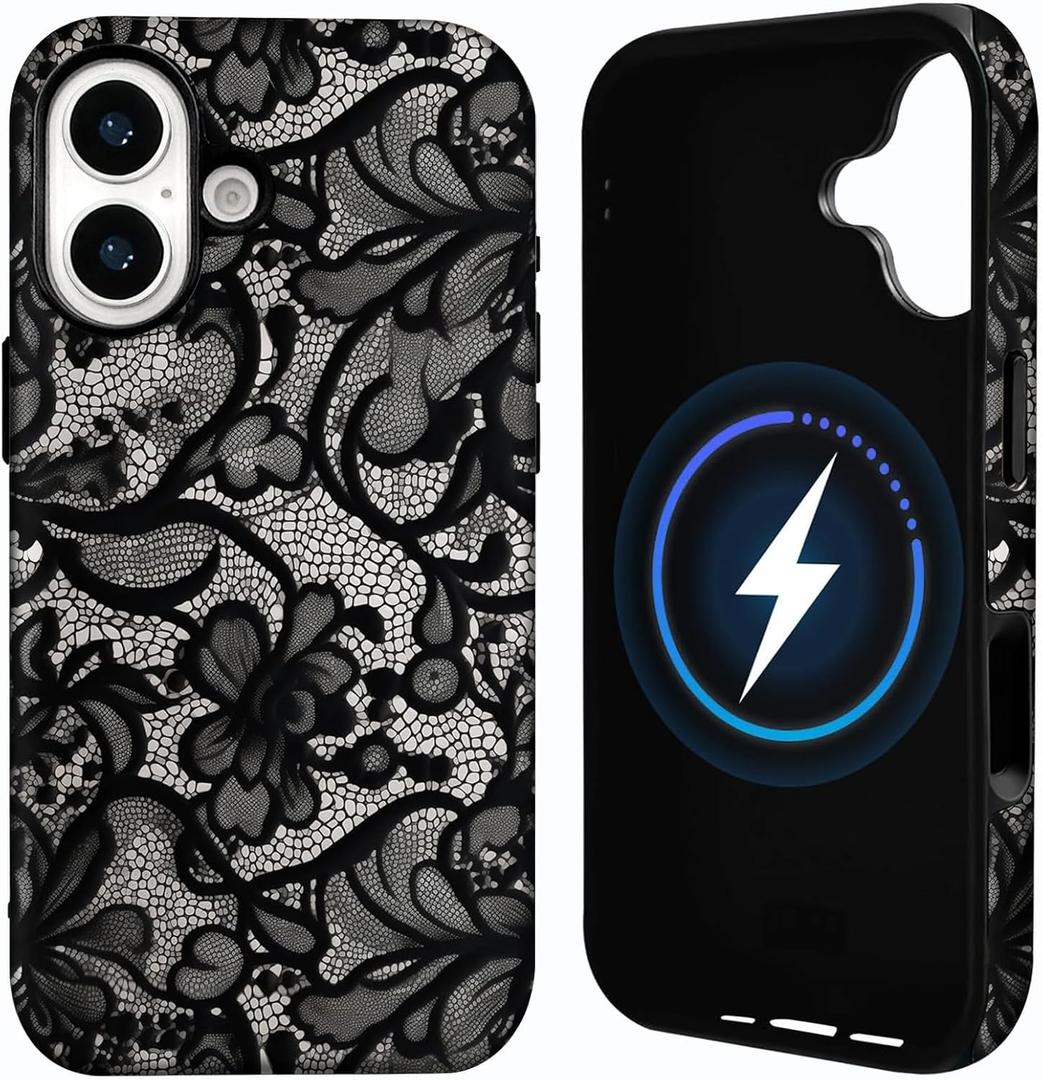 for iPhone 16 Case [Compatible with Magsafe] Lace Phone Case Vintage Floral Flower Dual-Layer Protective Shockproof Magnetic Cover for Women Girls - Black