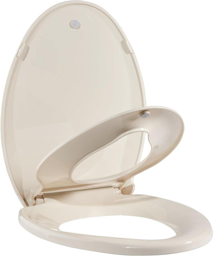 19" Elongated Almond Toilet Seat for Adult and Child, Built-In Potty Training Seat with Soft Quiet Close Non-Slip Design, Magnetic Kids Seat and Cover for Elongated/Oval Toilets, Easy to Install
