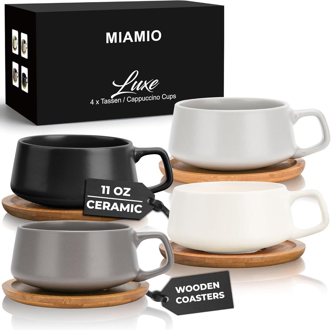 MIAMIO 11 Oz., Set of 4 Ceramic Tea Cup and Saucer Bamboo/Tea Mug - Wide Cappuccino Cup, Coffee Cups Ceramic Mug for Cappuccino, Latte, Espresso & Americano - Luxe Collection (Classic Pastel)