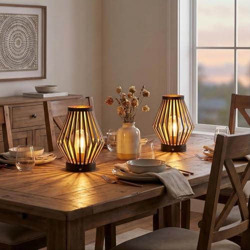 JHY DESIGN Set of 2 Dimmable Bedside Table Lamp 8.5''H Rechargeable Metal Cage Lantern with LED Edison Style Bulb Cordless Accent Lamp for Weddings Parties Patio Events for Indoors Outdoors