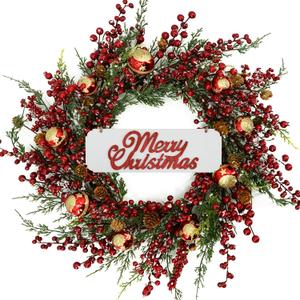 20 inch Christmas Wreaths for Front Door Winter Door Wreath with red Berry,Gold and red Christmas Ball for Front Door Indoor Outdoor Farmhouse Festival Home Decor