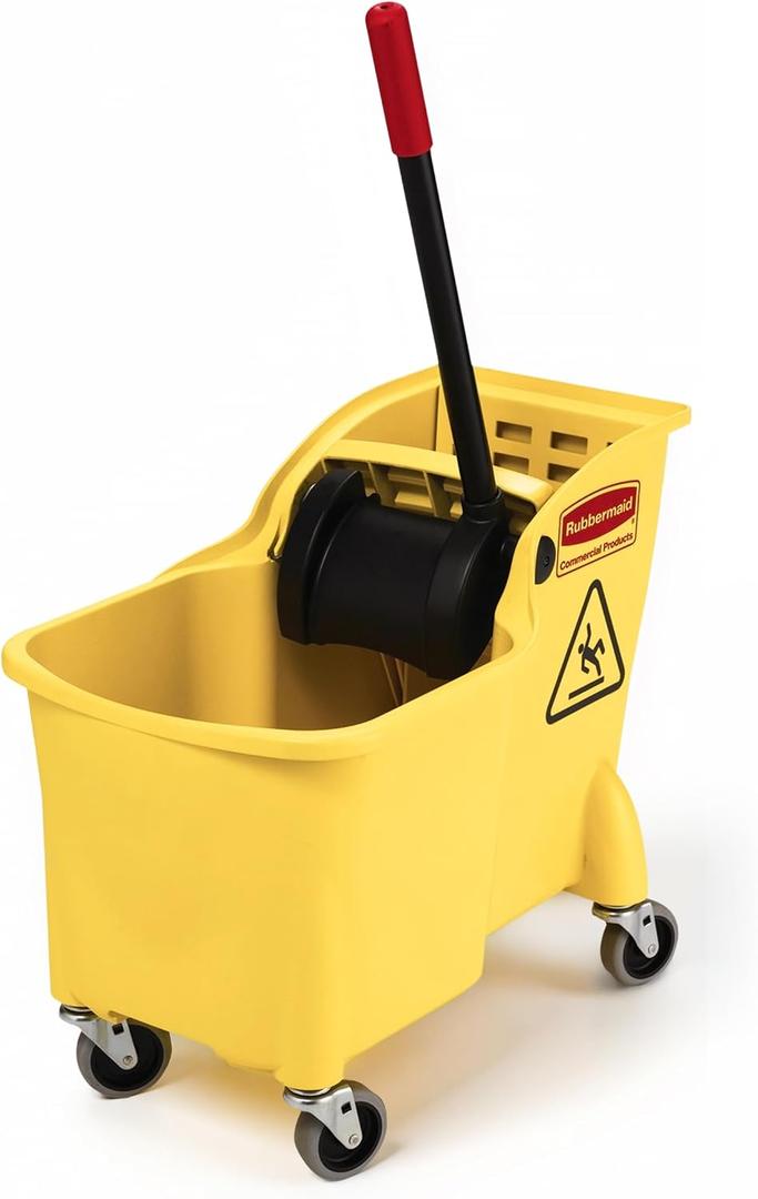 Rubbermaid Commercial Products 31 QT Tandem Mop Bucket and Wringer Combo on Wheels, Yellow, for Floor Cleaning/Wet Mopping