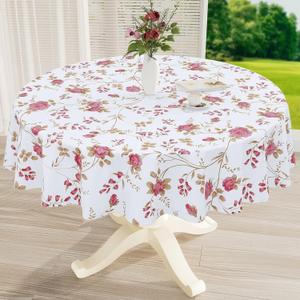 misaya Round Waterproof Vinyl Table Cloth, Plastic Tablecloth with Flannel Backing, Wipeable Table Cover for Dinner, Picnic, Indoor and Outdoor (Pink Flowers, 60")