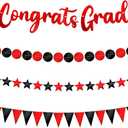 VitalCozy 4 Pcs 49.2 Feet Congrats Grad Banner Class of 2025 Graduation Party Decorations Congratulations Triangle Flag Glitter Garland Banner Star Party Supplies for School College(Black and Red)