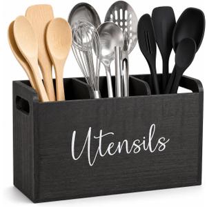 Black Kitchen Utensil Holder for Countertop Large 3-Compartment Cooking Utensil Organizer & Caddy with Drain Holes, Modern Wood Utensil Holder for Kitchen Counter, Spatula & Spoon Storage