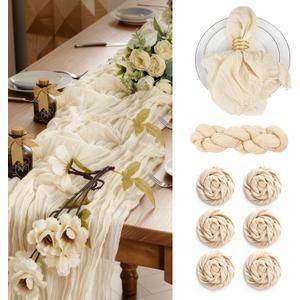 AZY Cheesecloth Table Runner Set with 6 Napkins 120 Inch Gauze Table Runner and Cloth Napkins Set for Dining Table, Wedding, Baby Shower, Birthday Party, Home and Farmhouse Table Decor (Beige)