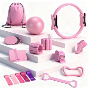 Pilates Equipment Kit for Home Workouts - 18pcs Set- 14'' Pilates Ring and Ball Set for Women, Pilates/Yoga Accessories Kit with Wrist Weights, Resistance Bands, Core Sliders, Yoga Strap