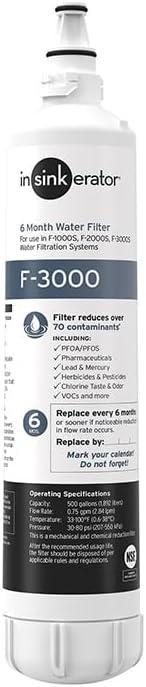 INSINKERATOR F-3000 Under Sink Water Filter Replacement Cartridge for INSINKERATOR Water Filtration System, PFOS/PFOA Filter (White)