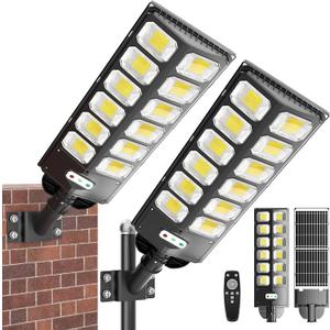 WERCHTAY Solar Street Lights Outdoor Waterproof, 15000LM 6500K Solar Flood Light Dusk to Dawn, Motion Sensor & Remote, Upgraded Metal Fixing Rod for Wind/Snow, Wall/Pole Mount (2 Pack), LARGE