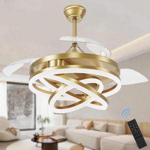 Retractable Ceiling Fan, 42 Inch Chandelier Ceiling Fans with Light, Modern Fandelier Ceiling Fan for Bedroom Living Room Dinning Room, Reverse Motor, 3 Color, 6 Wind Speed, Gold
