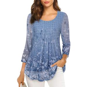 VALOLIA Women's 3/4 Sleeve Tunic Tops Casual Loose Fit Floral Blouses Mesh Pleated Layered Shirt (Medium, Blue|white)