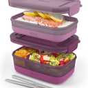Ello 2-Pack Lunch Stack Plastic Food Storage Container Bento Box with Airtight, Leak-Proof Locking Plastic Lids and Silicone Base, BPA-Free, Freezer, Microwave, and Dishwasher Safe, Raspberry