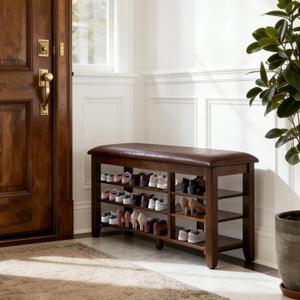 PY HOME & SPORTS Shoe Rack for Entryway 39.4": 3-Tier Shoe Storage Bench, Adjustable/Removable Shelves, Rubberwood Shoe Benches for Hallway, Porch, Bathroom, Brown