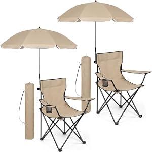Anglechic 2 Pack Beach Umbrella Chairs Folding Camping Portable Beach Chairs with Canopy Shade Adults with Cup Holder Carrying Bag for Camping Hiking Travel Picnic Outdoor Events(Khaki)