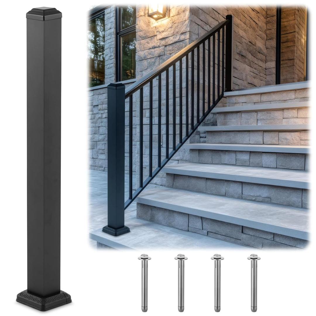 Aluminum Railing Deck Post Kit 3 x 3 x 39 Include 1 Pcs Porch Deck Railing Fence Post Handrail 4 Pcs Expansion Screws Made with Heavy Duty Powder Coated, Rust-proof, Fit 36 Height(Black)