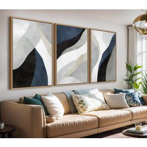 Large Abstract Framed Wall Art - Canvas Wall Art Pictures Prints for Living Room Decor Natural Float Framed Artwork for Bedroom Kitchen Home Office Decoration 72" X 36" Set of 3 Blue Grey (Navy)