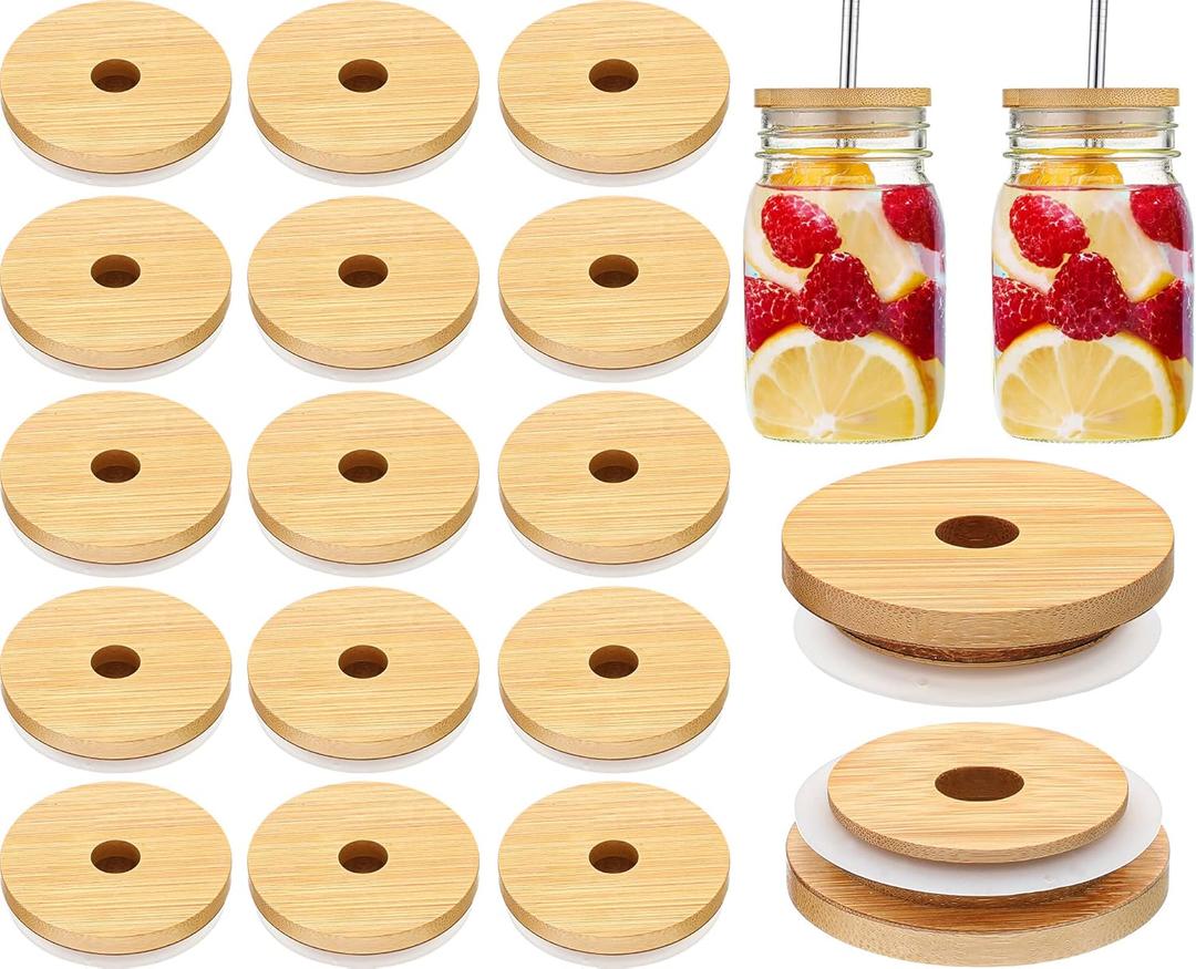 Cunhill 20 Pieces 70mm Bamboo Jar Lids Bulk with Straw Hole for Glass Cups Reusable Mason 2.76 Inch Wooden Lids with Silicone Ring for Beer Can Cups Regular Mouth Drinking Jars