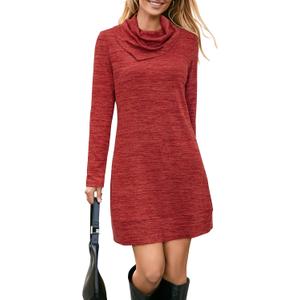 STYLEWORD Women's 2026 Winter Dress Tunic Tops for Leggings Long Sleeve Sweater Cowl Neck Fashion Shirt Dress (Red, XL)