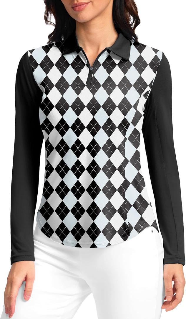 Women's Golf Shirts Lightweight UPF 50+ Long Sleeve Shirts UV Protection Quick Dry Cool Polo Shirts for Women Work Outdoor (Medium, Black Plaid)