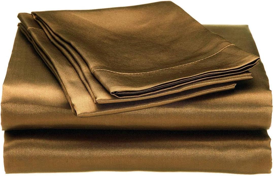 100% Pure Silk Satin Sheet Set 4pcs, Silk Fitted Sheet 15" Deep Pocket Mattress fit,Silk Flat Sheet&Silk Pillowcases Set Soft Silk SheetsWrinkle Free Fade Resistant Brown,Queen