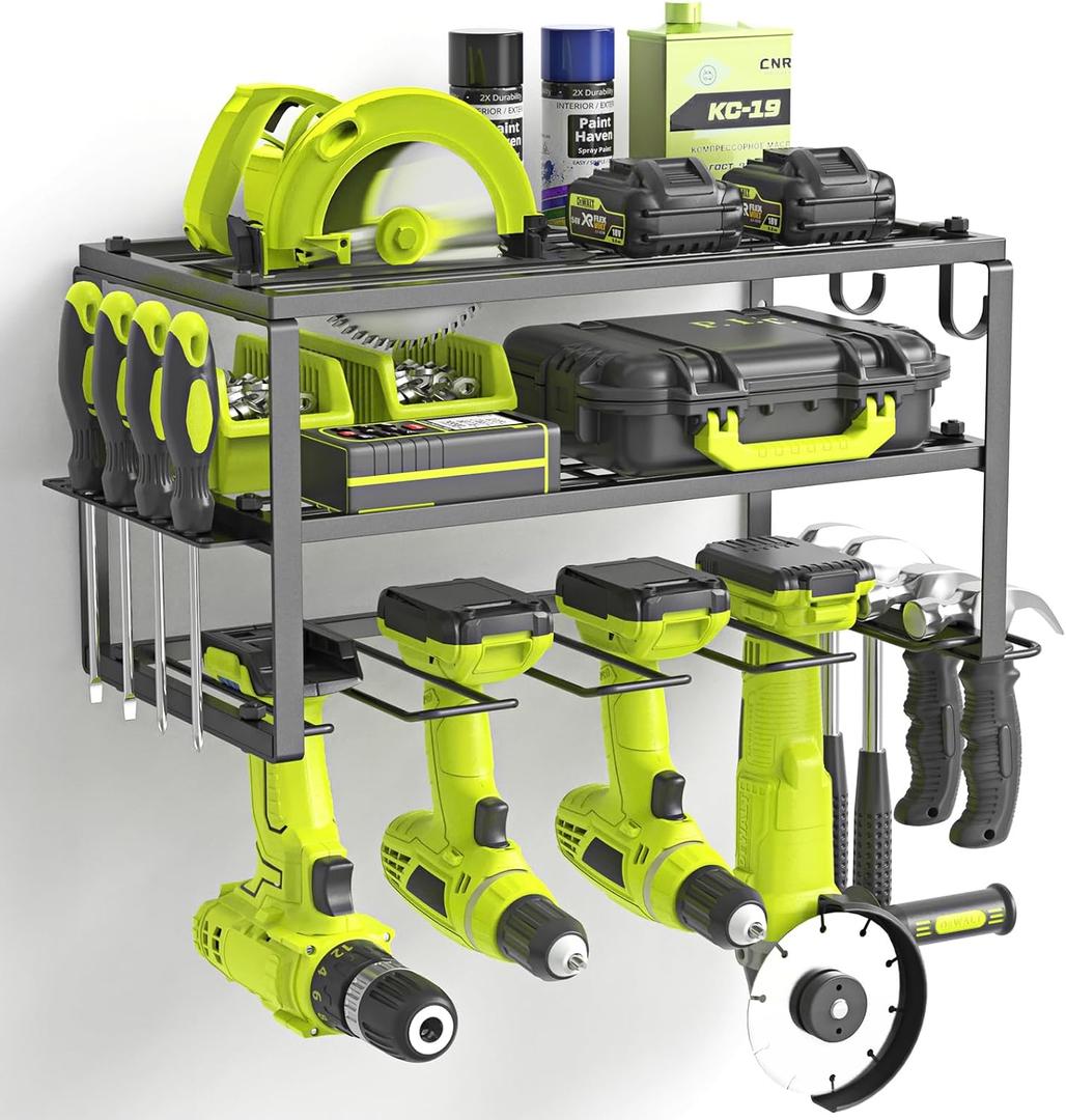 SUNALLY Power Tool Organizer, Heavy Duty Iron, 3 Layers Storage Rack with 4 Drill Holders, Floating Tool Shelf Wall Mounted, Matte Black, Work Shop, Garage, 150Lbs Load Capacity