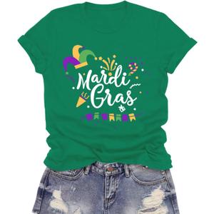 Mardi Gras Shirt for Women Happy Mardi Gras Day T-Shirt Womens Fat Tuesday Party Tee Tops (Large, Green)