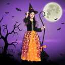 Poshetion Witch Halloween Costume for Girls, Light Up Witch Dress Deluxe Outfit with Hat and Broom, for Halloween Party (XL)